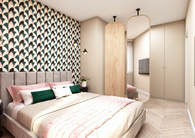projekt architekta sypialnia wzorzysta tapeta